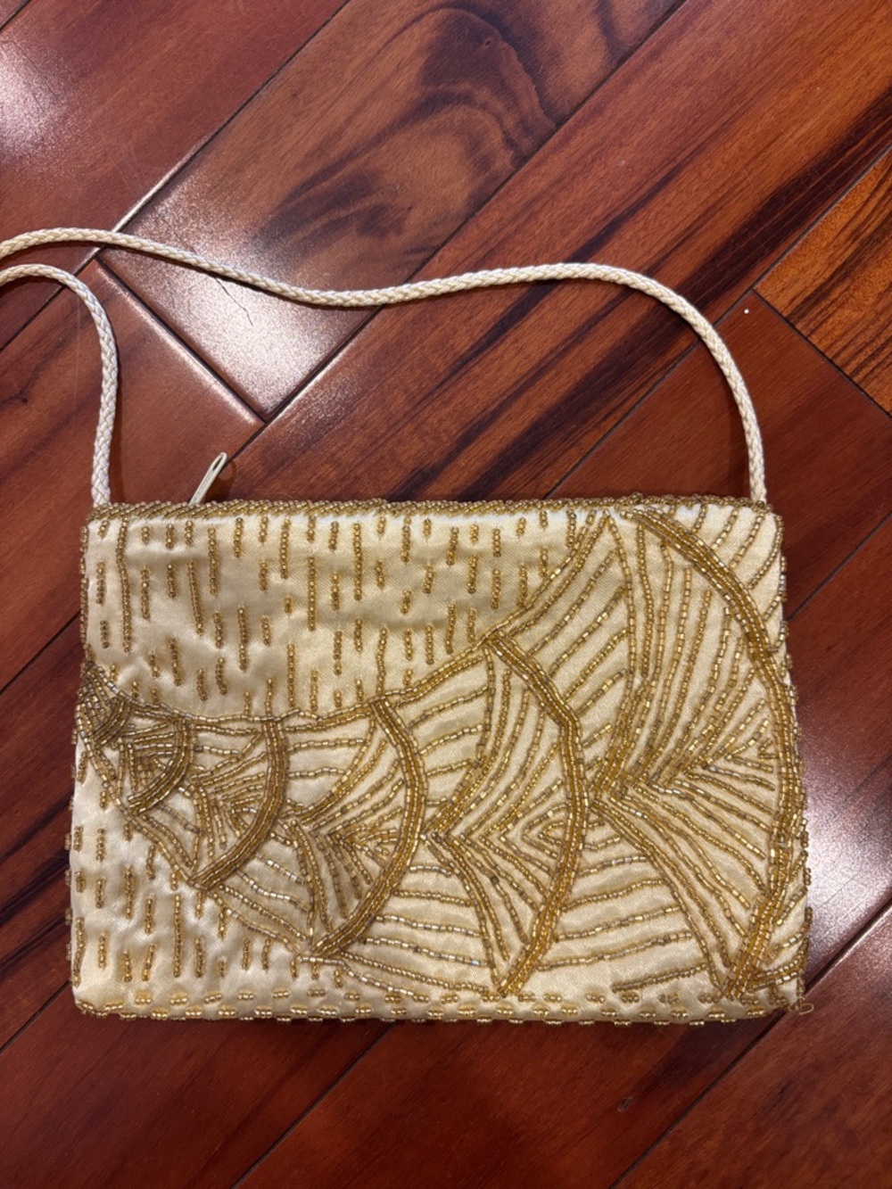 Elegant Gold-Beaded Ivory Evening Bag